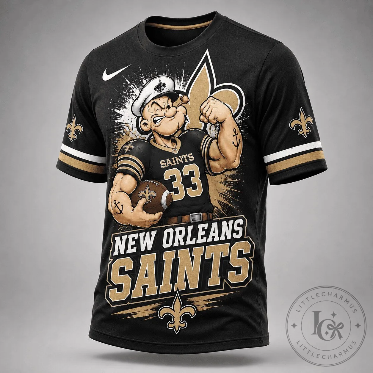 New Orleans Saints Popeye Cartoon Football Player Black T-Shirt