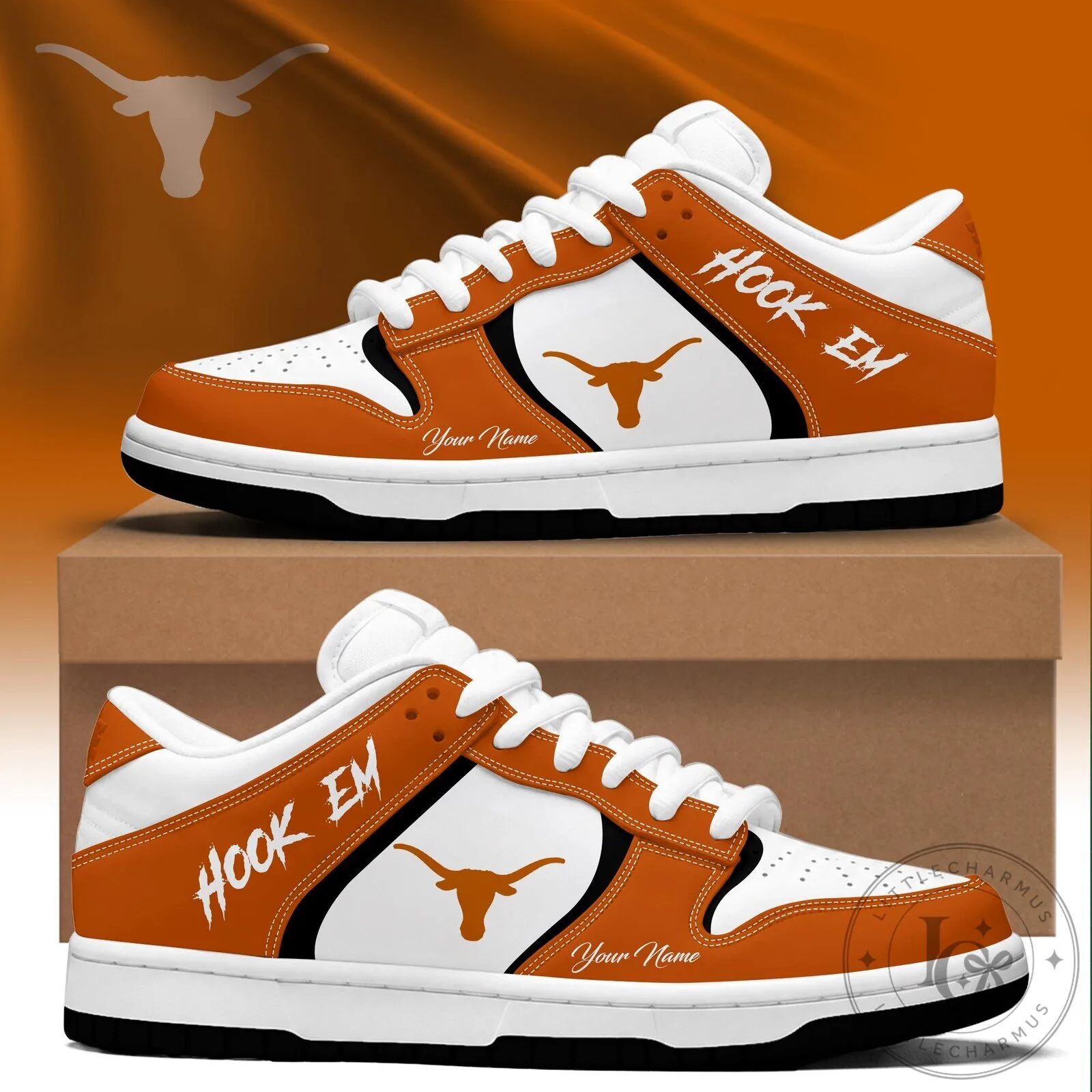 Texas Longhorns Hook Em Custom Name Orange and White Shoes