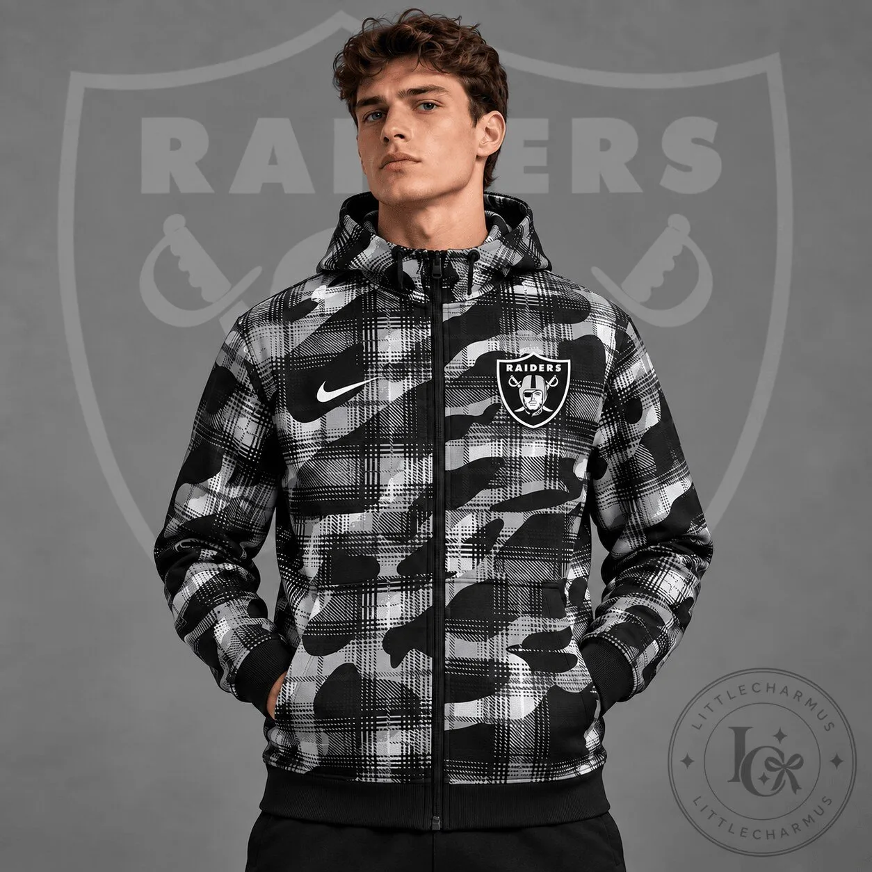 Las Vegas Raiders Plaid Camouflage Full Zip Hooded Sweatshirt
