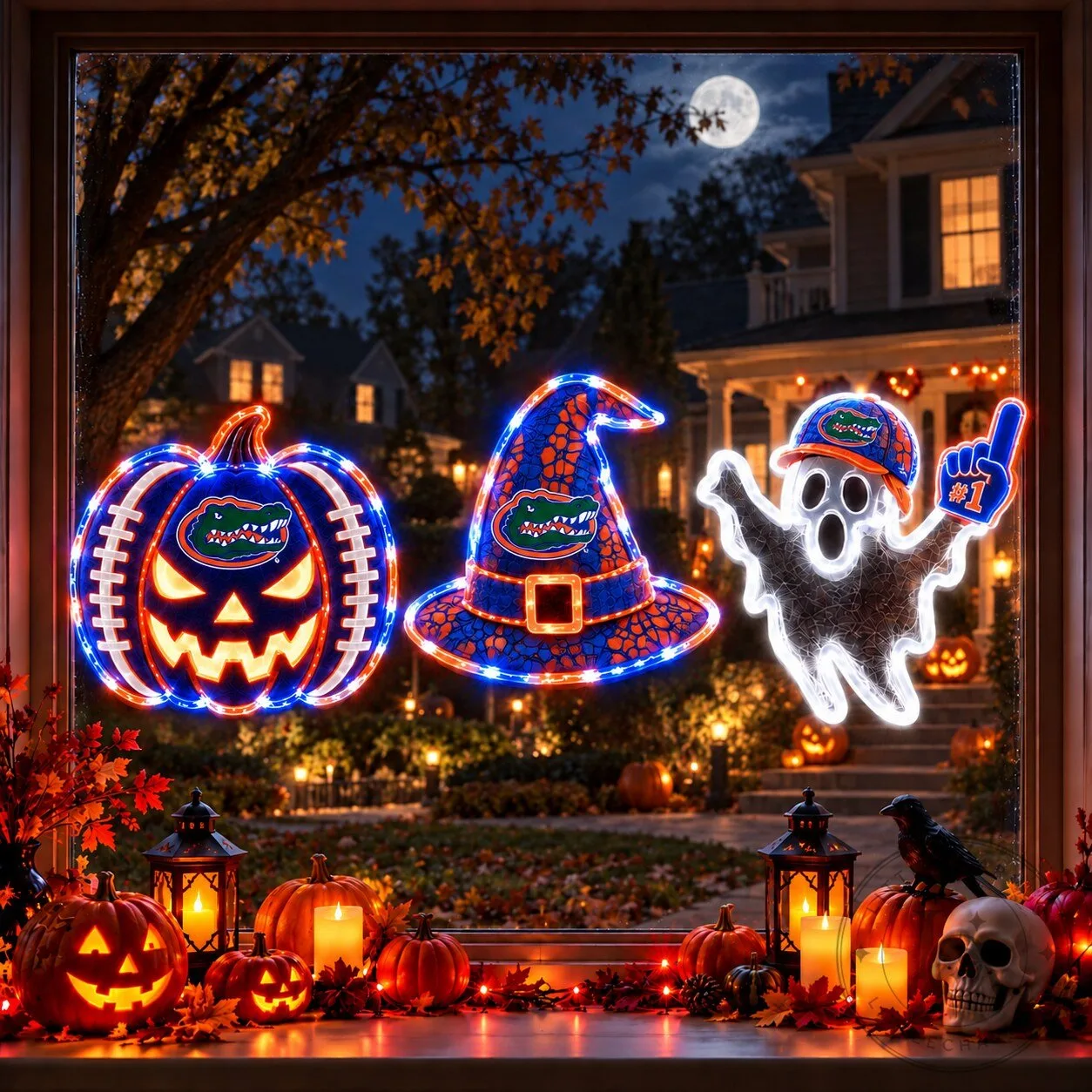 Florida Gators Halloween Pumpkin Witch Hat Ghost Window Lights