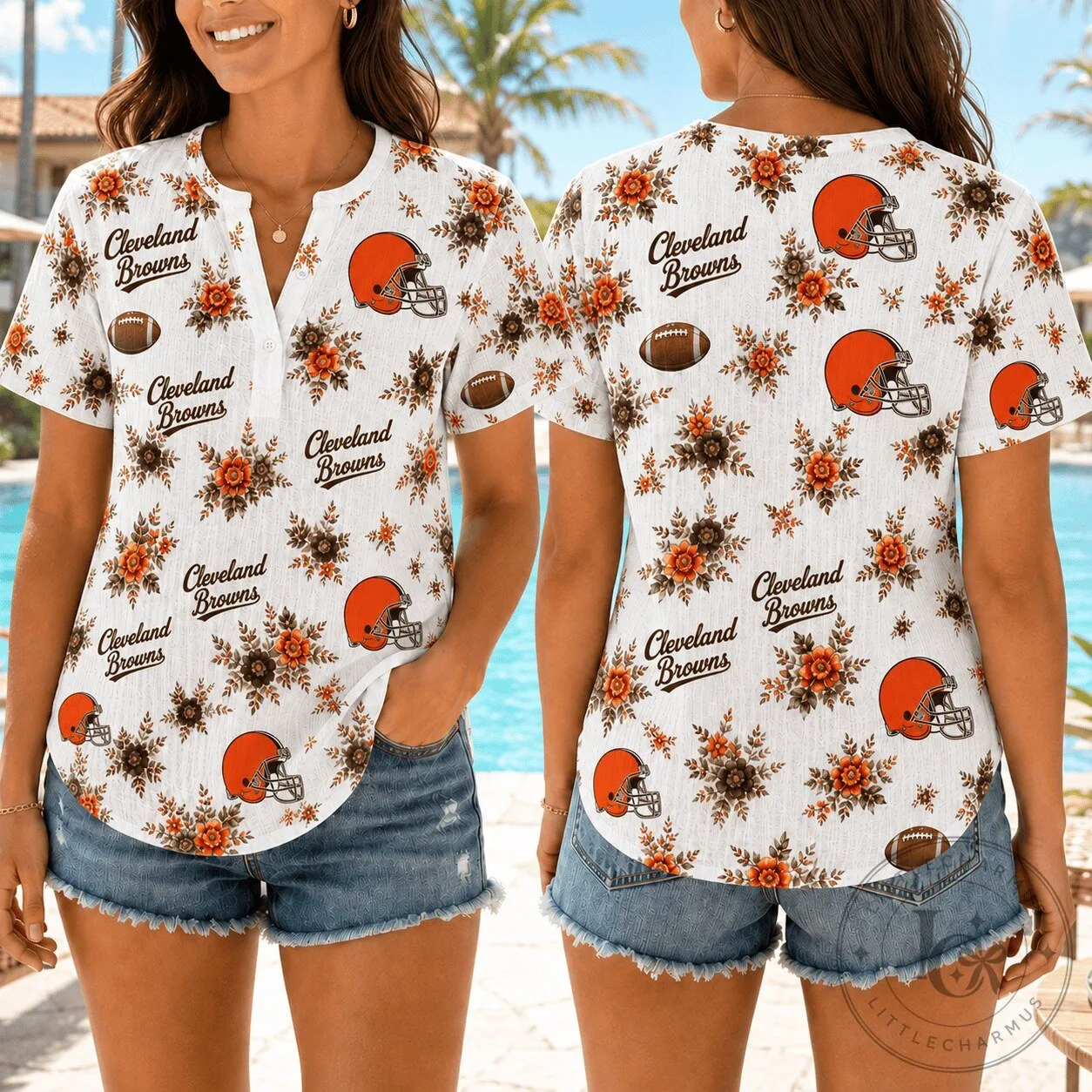Cleveland Browns Football Floral Pattern Women's Short Sleeve Button Up Shirt 1 Cleveland Browns Football Floral Pattern Women's Short Sleeve Button Up Shirt