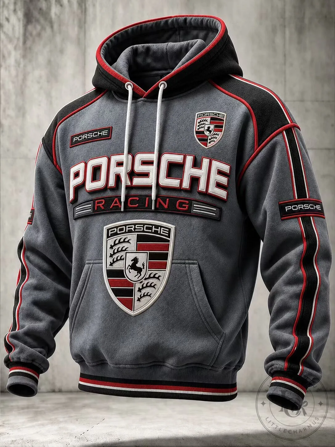 Porsche Racing Team Logo Gray and Red Striped Hoodie