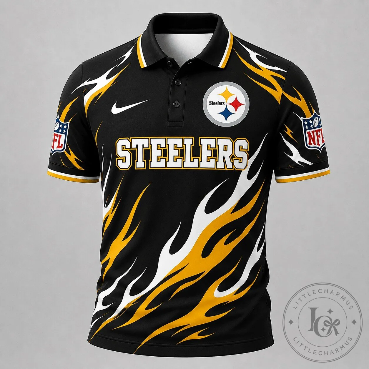 Pittsburgh Steelers NFL Flame Pattern Performance Polo Shirt 2 Pittsburgh Steelers NFL Flame Pattern Performance Polo Shirt