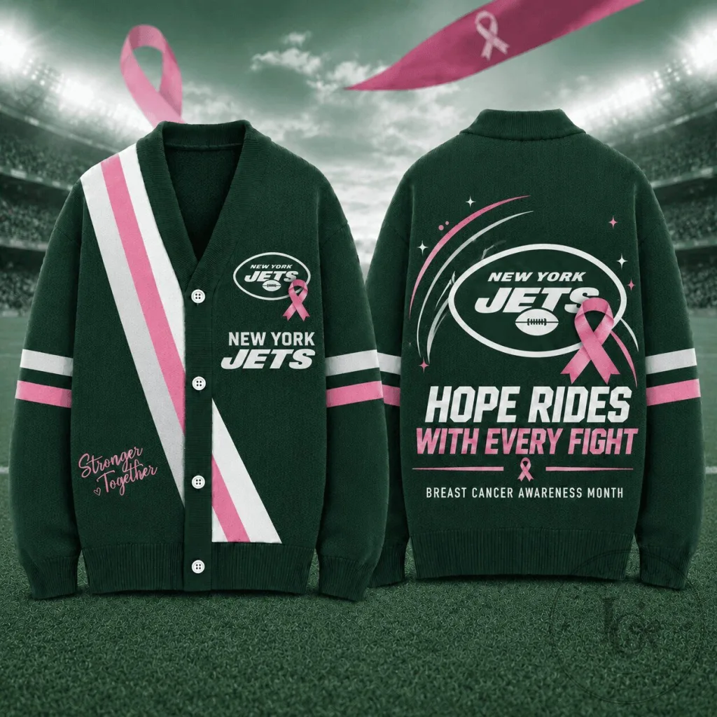 Hope Rides With Every Fight Cardigan for Breast Cancer Awareness - New York Jets Edition Hope Rides With Every Fight Cardigan for Breast Cancer Awareness - New York Jets Edition