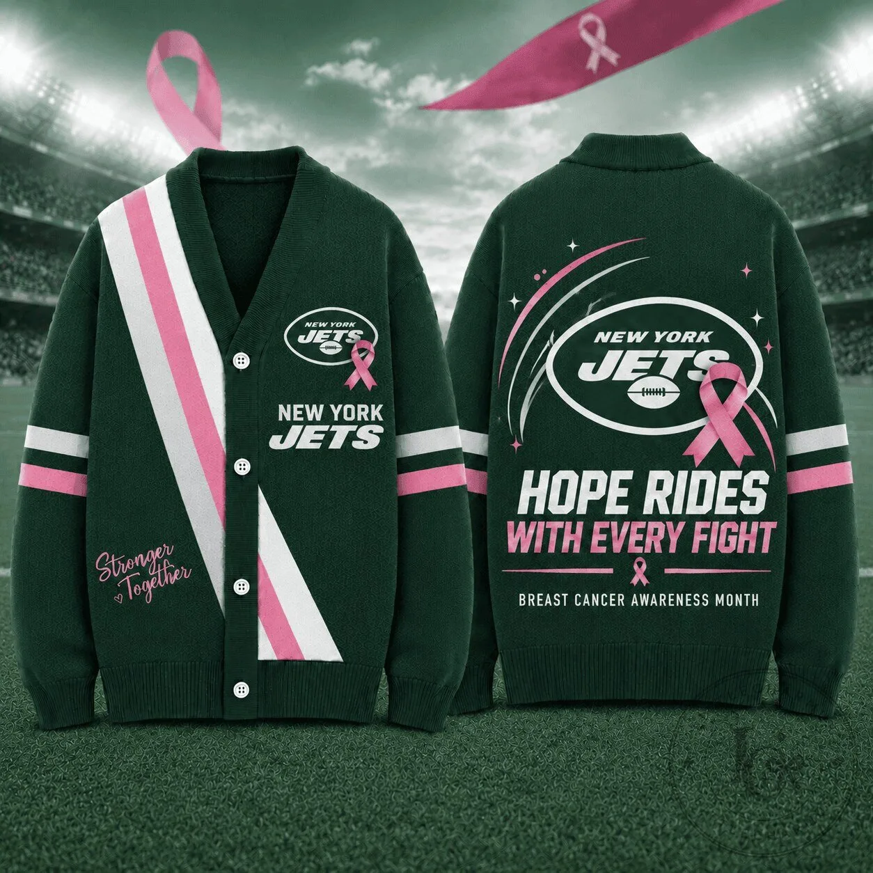 Hope Rides With Every Fight Cardigan for Breast Cancer Awareness - New York Jets Edition 1 Hope Rides With Every Fight Cardigan for Breast Cancer Awareness - New York Jets Edition