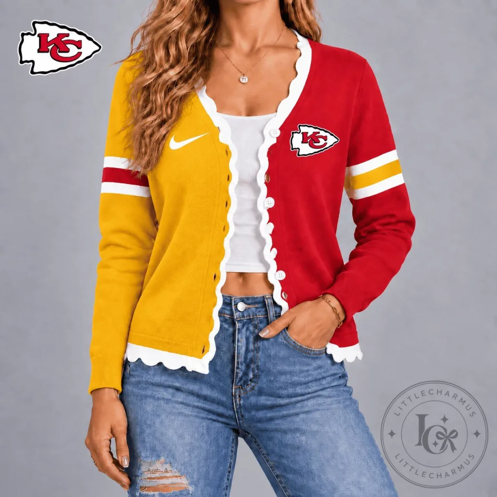 Kansas City Chiefs Football Team Red and Yellow Scalloped Cardigan Sweater Kansas City Chiefs Football Team Red and Yellow Scalloped Cardigan Sweater