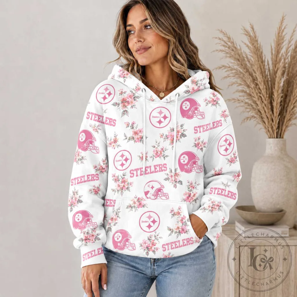 Women's Hoodie featuring Pink Floral Design for Pittsburgh Steelers Football Fans Women's Hoodie featuring Pink Floral Design for Pittsburgh Steelers Football Fans