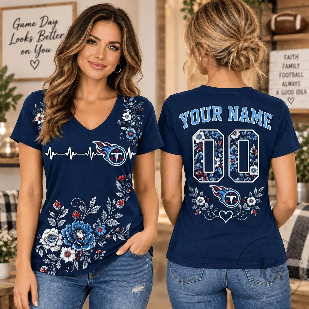Tennessee Titans Personalized Floral Game Day Looks Better On You T-Shirt