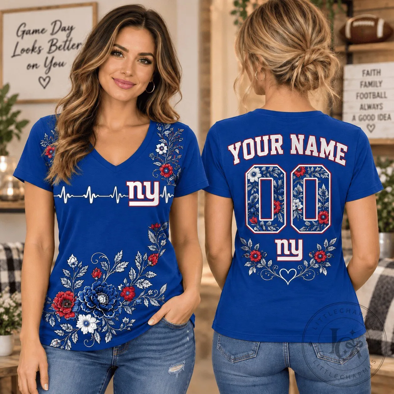 New York Giants Personalized V-Neck T-Shirt for 1D Fan with Floral Design 2 New York Giants Personalized V-Neck T-Shirt for 1D Fan with Floral Design