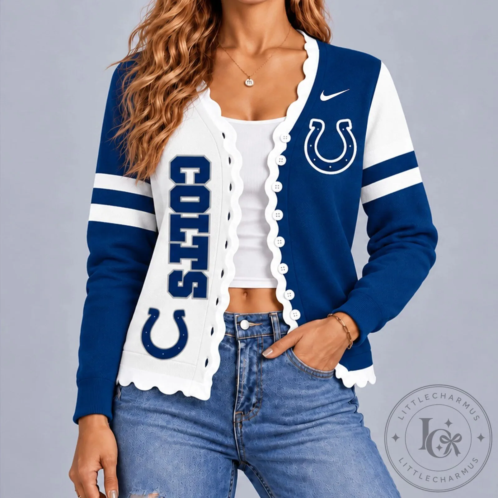 Indianapolis Colts NFL Football Team Scalloped Cardigan Sweater