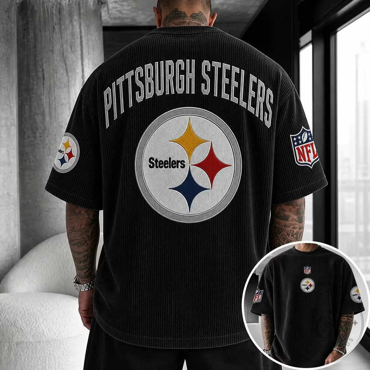 Pittsburgh Football Steelers Team Logo Black Oversized T-Shirt