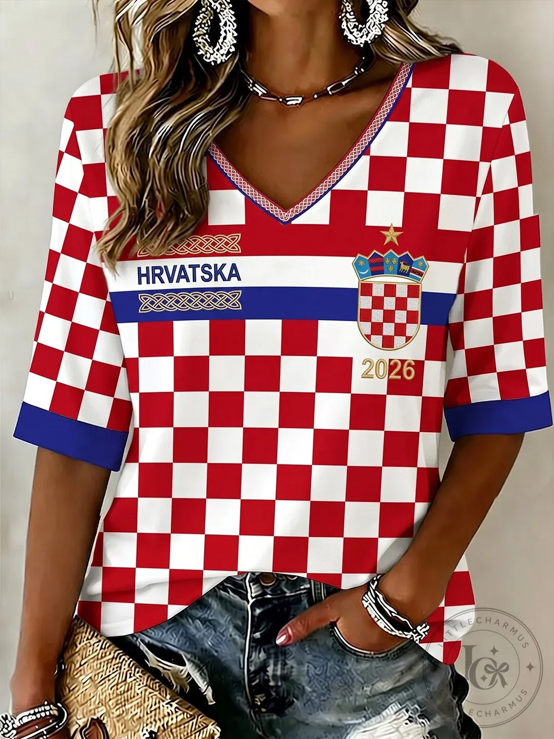 Croatia Football Fan Style Casual V-Neck Short Sleeve T-Shirt