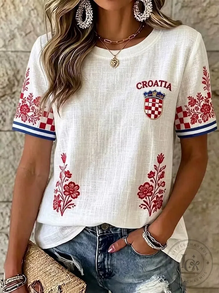 Croatia Embroidered Floral Pattern Casual T-Shirt for Women 2 Croatia Embroidered Floral Pattern Casual T-Shirt for Women