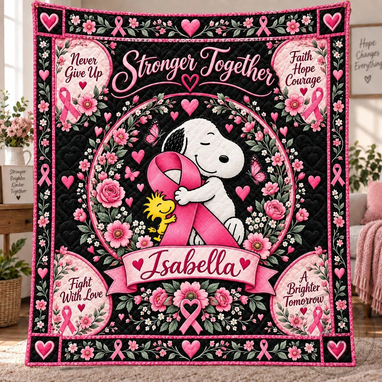 Personalized Snoopy Breast Cancer Awareness Stronger Together Quilt