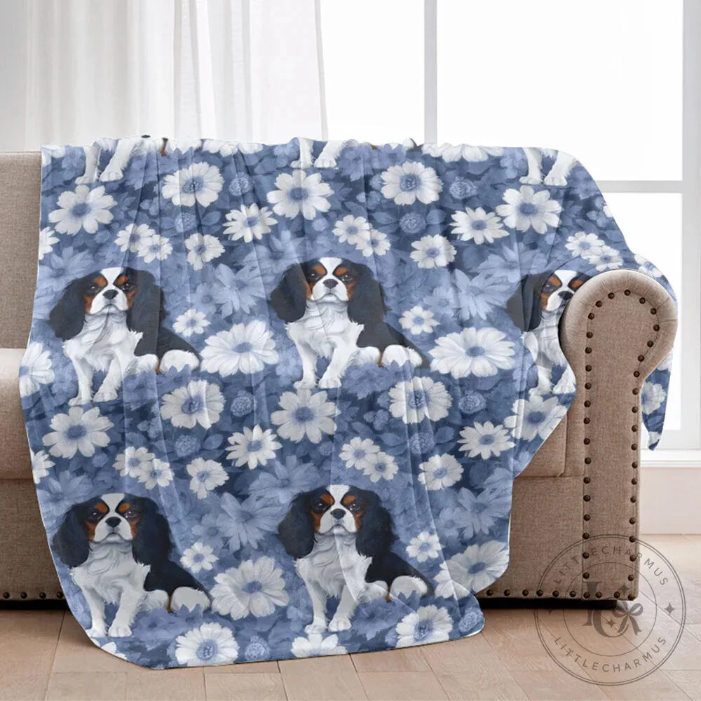 Cavalier King Charles Spaniel Blue Floral Pattern Velveteen Throw Blanket