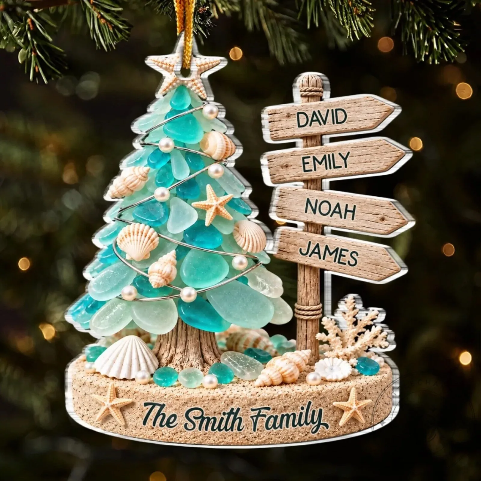 Personalized Beach Christmas Tree Family Name Acrylic Ornament