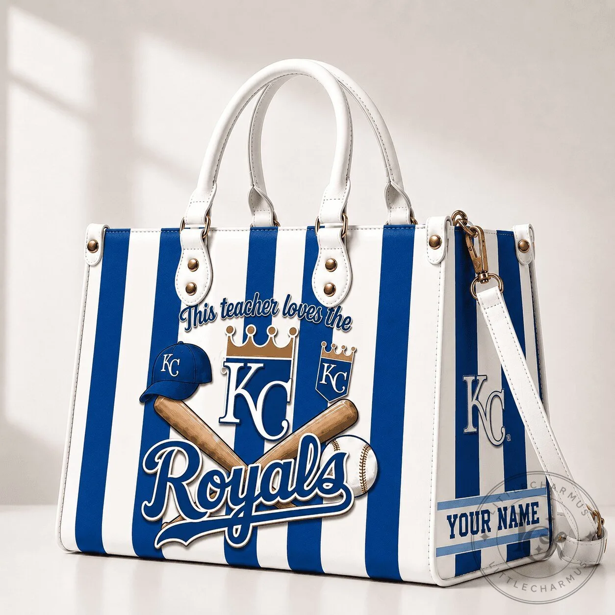 Kansas City Royals Baseball Teacher Personalized White and Blue Striped Handbag