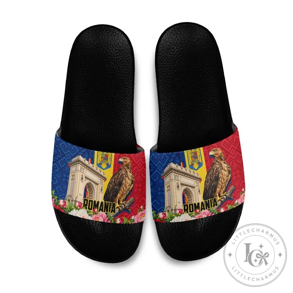 Romania Flag Eagle Arcul de Triumf Floral Peony Pattern Slide Sandals