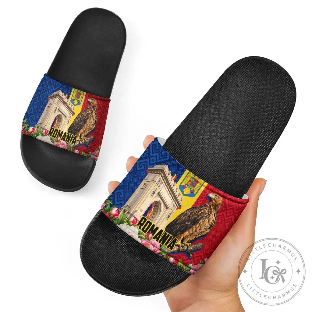 Romania Flag Eagle Arcul de Triumf Floral Peony Pattern Slide Sandals 11 Romania Flag Eagle Arcul de Triumf Floral Peony Pattern Slide Sandals