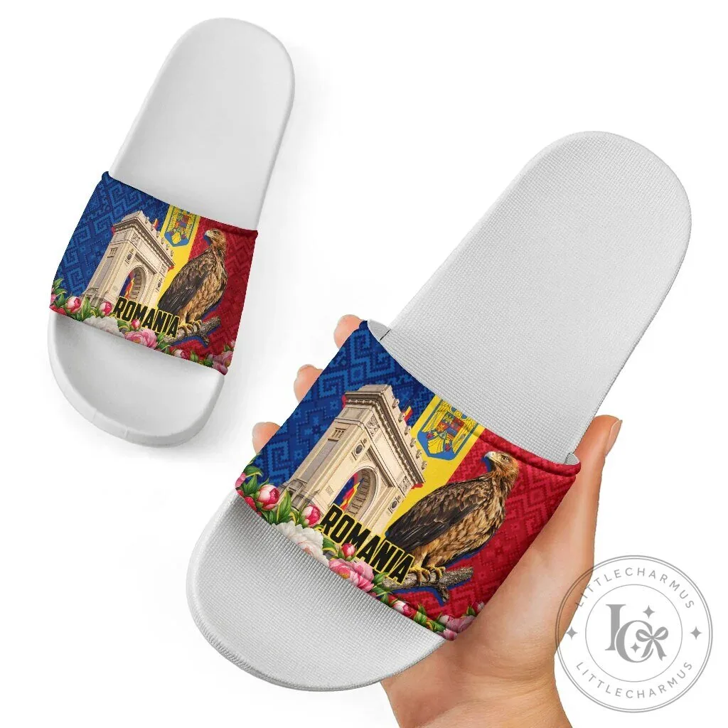 Romania Flag Eagle Arcul de Triumf Floral Peony Pattern Slide Sandals 13 Romania Flag Eagle Arcul de Triumf Floral Peony Pattern Slide Sandals
