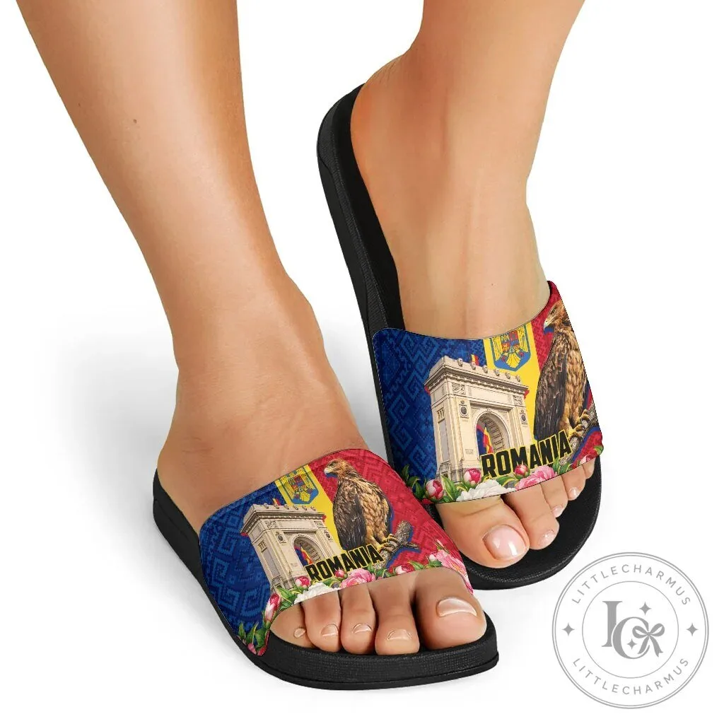 Romania Flag Eagle Arcul de Triumf Floral Peony Pattern Slide Sandals 14 Romania Flag Eagle Arcul de Triumf Floral Peony Pattern Slide Sandals