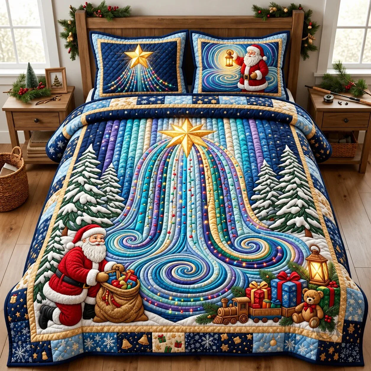 Christmas Santa Claus Magic Light Waterfall Quilted Bedding Set