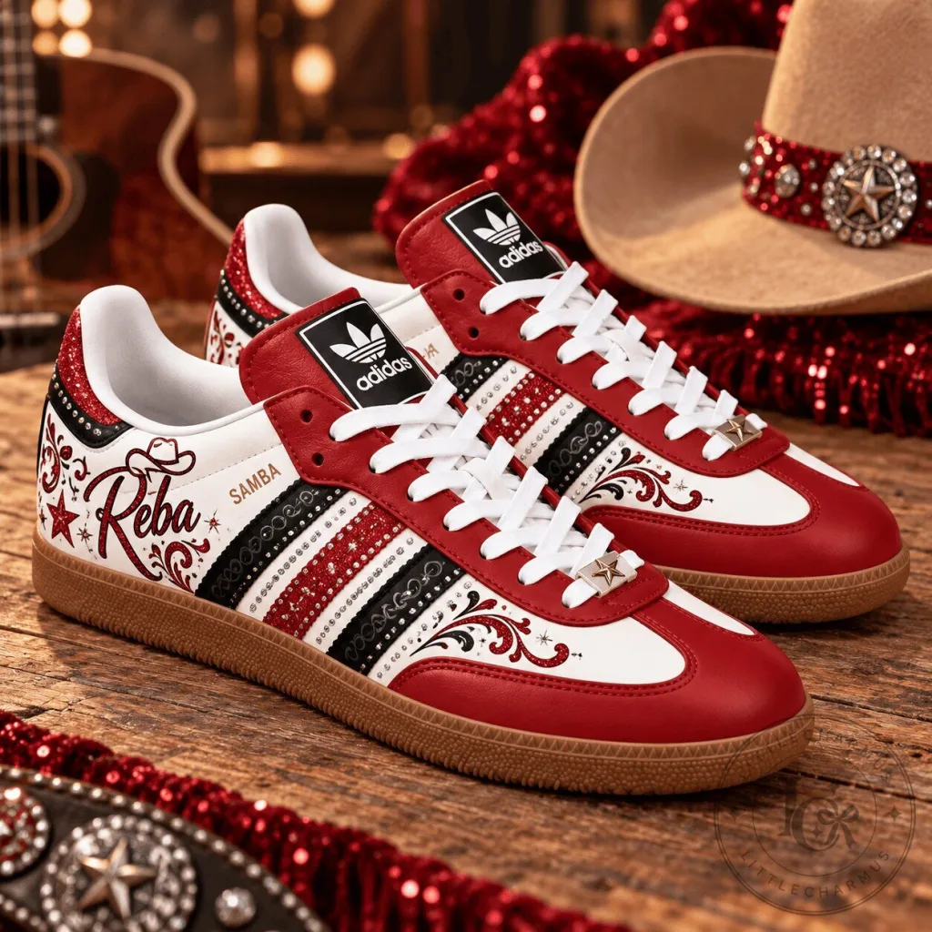 Reba McEntire Adidas Samba Red White Sneakers Custom Country Music Shoes Reba McEntire Adidas Samba Red White Sneakers Custom Country Music Shoes