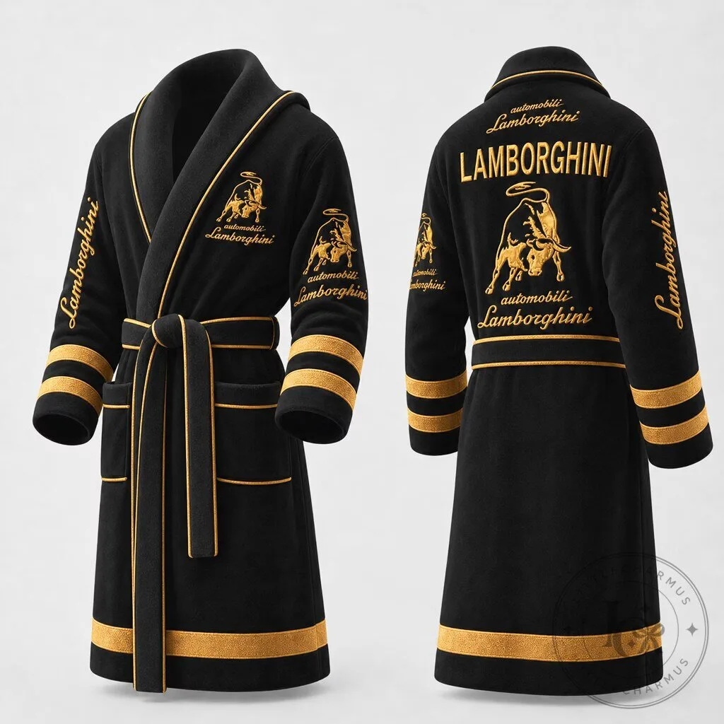 Automobili Lamborghini Black and Gold Racing Plush Bathrobe for Men