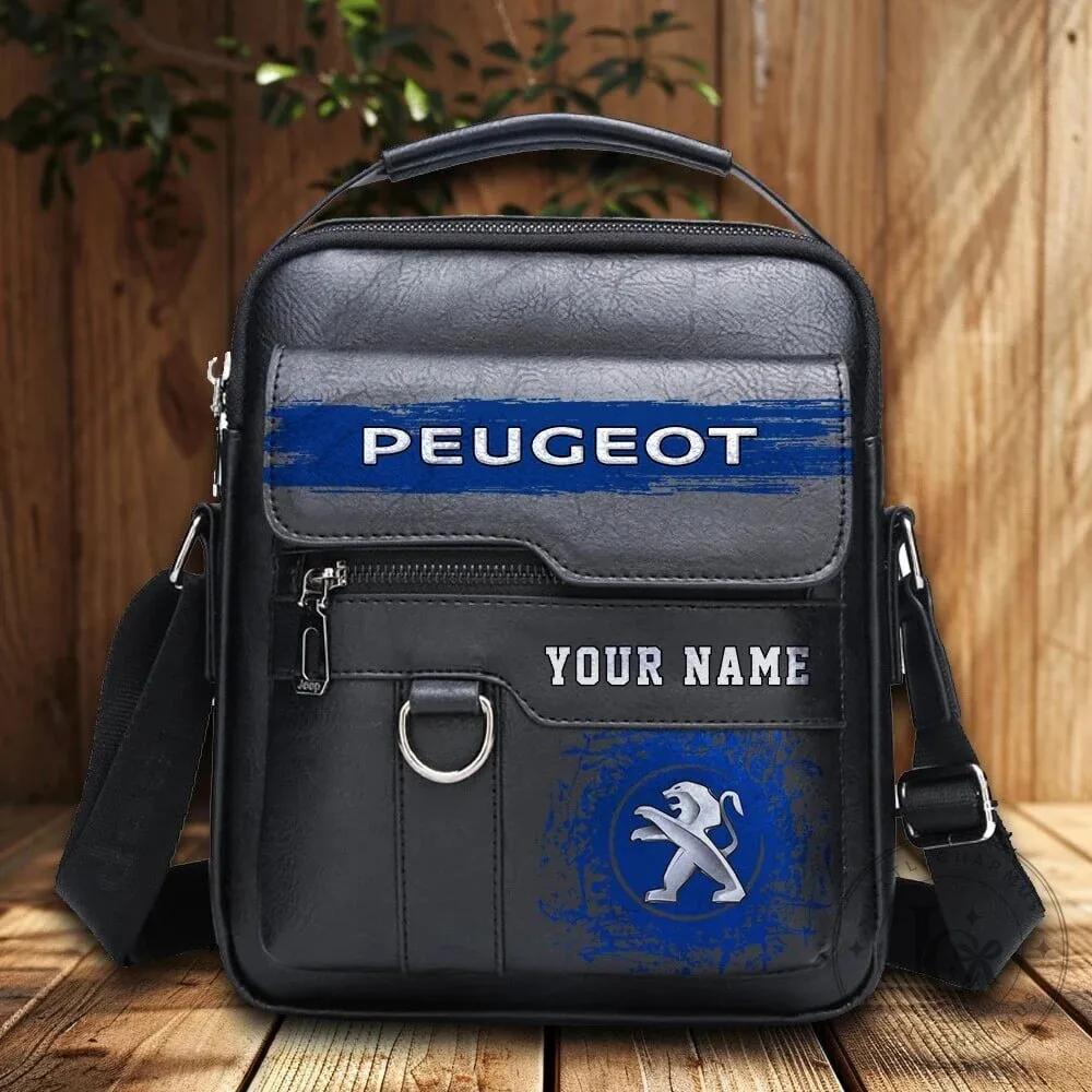 Peugeot Custom Name Men's Leather Crossbody Bag, Zipper Shoulder Purse