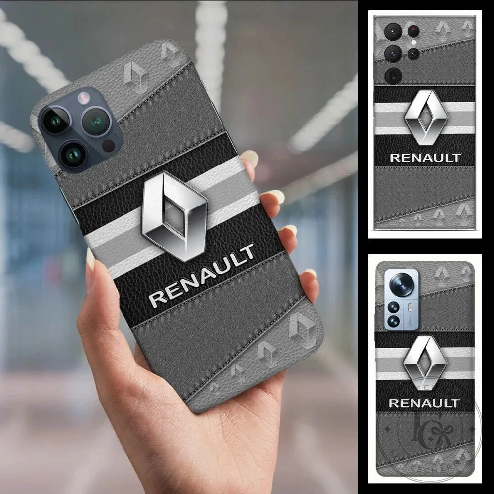 Renault Car Logo Gray Stripes Leather Texture Phone Case for iPhone Samsung