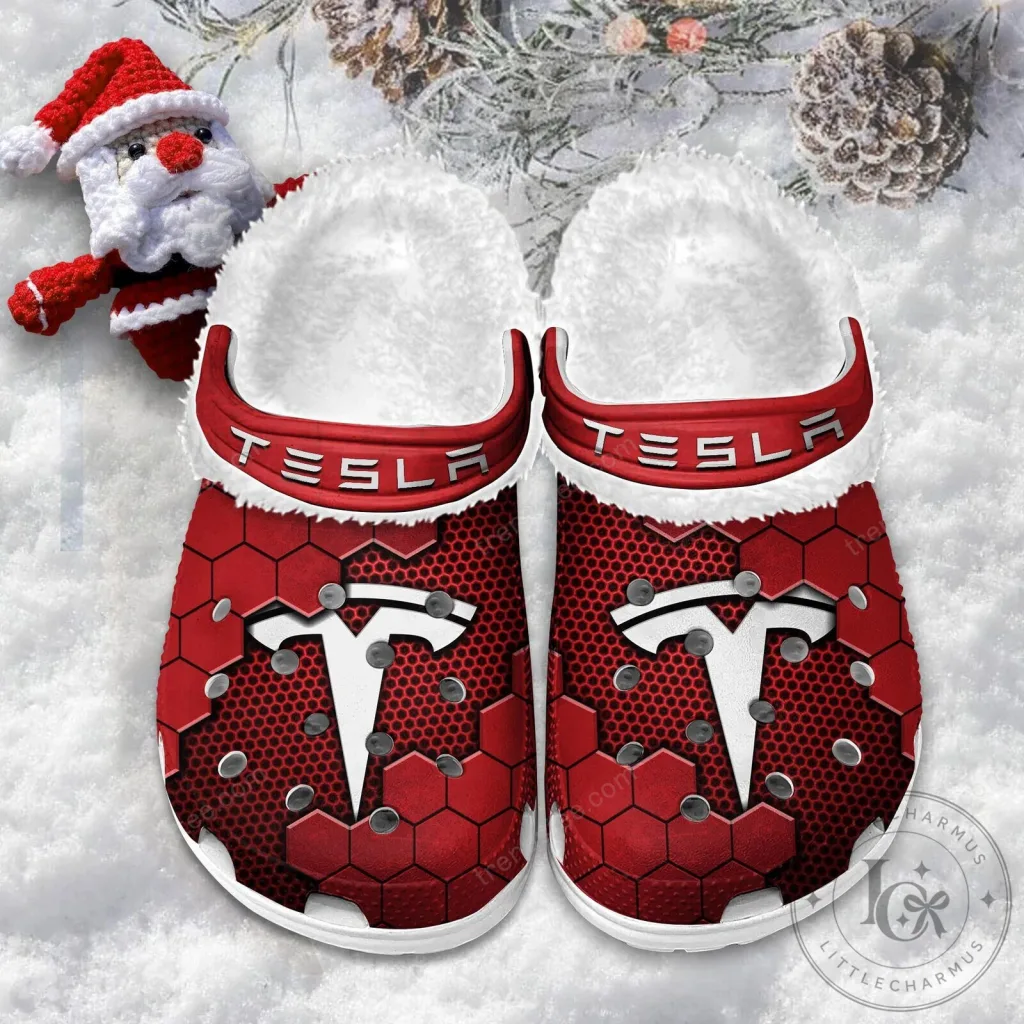 Tesla Red Hexagon Pattern Fur-Lined Clog Shoes Tesla Red Hexagon Pattern Fur-Lined Clog Shoes