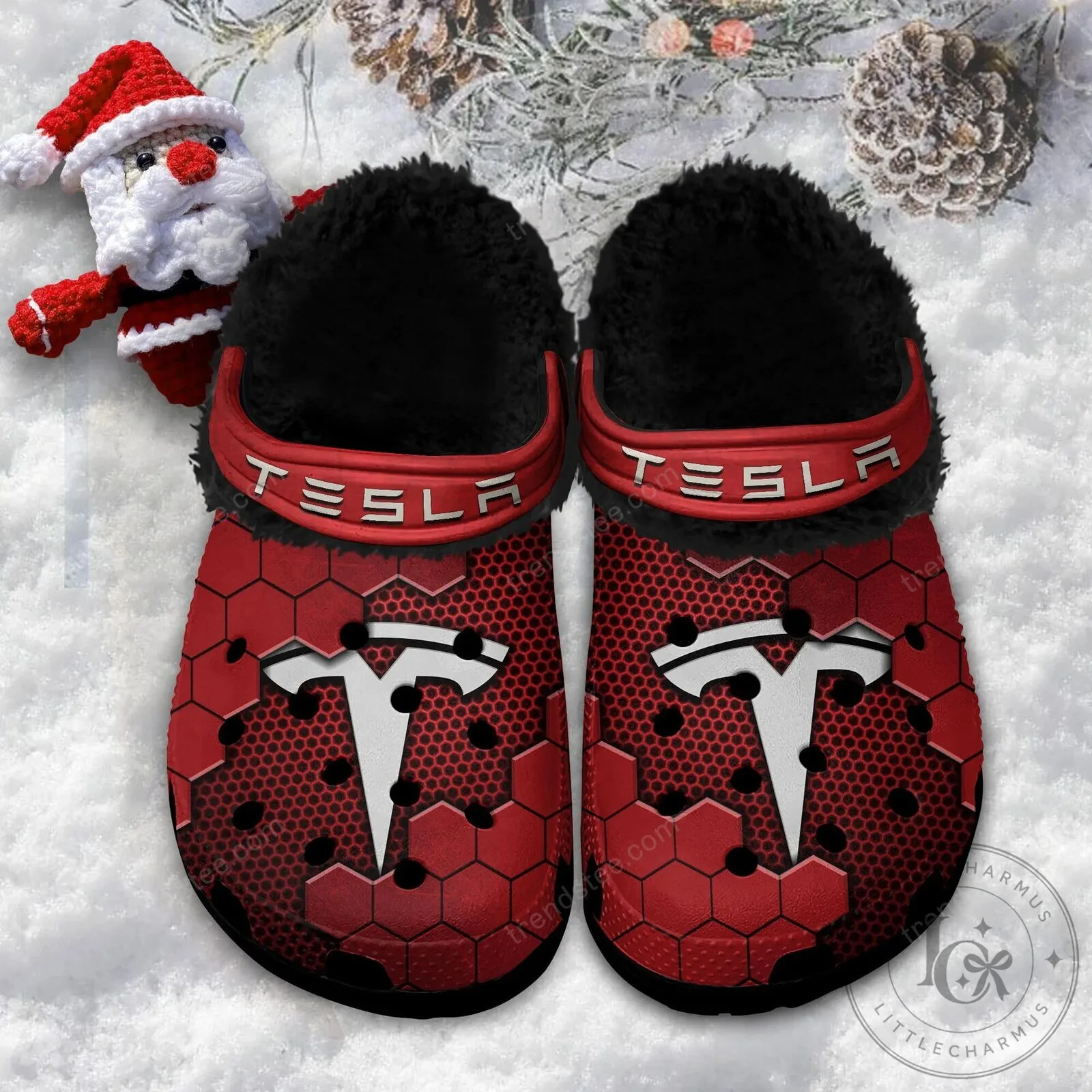 Tesla Red Hexagon Pattern Fur-Lined Clog Shoes 16 Tesla Red Hexagon Pattern Fur-Lined Clog Shoes