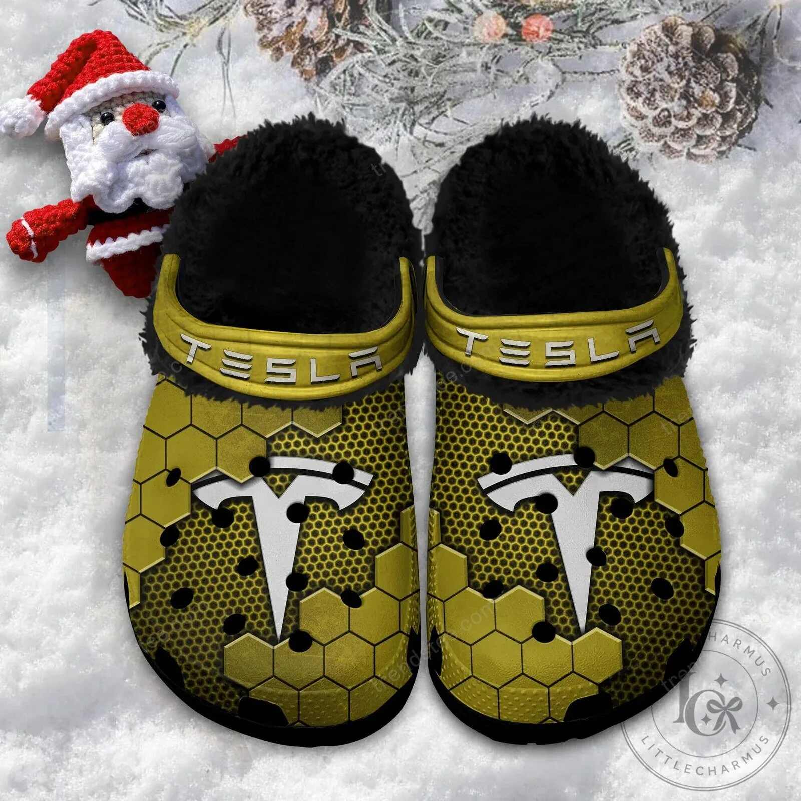 Tesla Red Hexagon Pattern Fur-Lined Clog Shoes 17 Tesla Red Hexagon Pattern Fur-Lined Clog Shoes