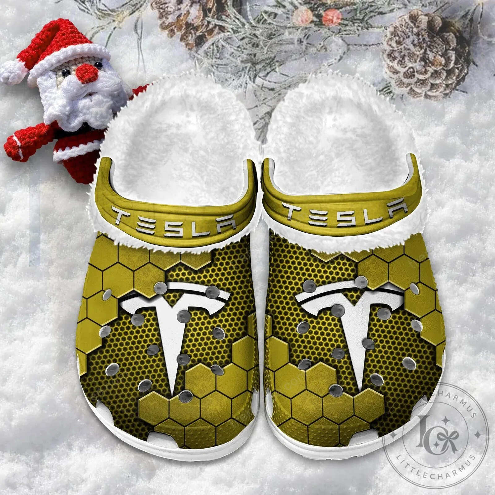 Tesla Red Hexagon Pattern Fur-Lined Clog Shoes 18 Tesla Red Hexagon Pattern Fur-Lined Clog Shoes