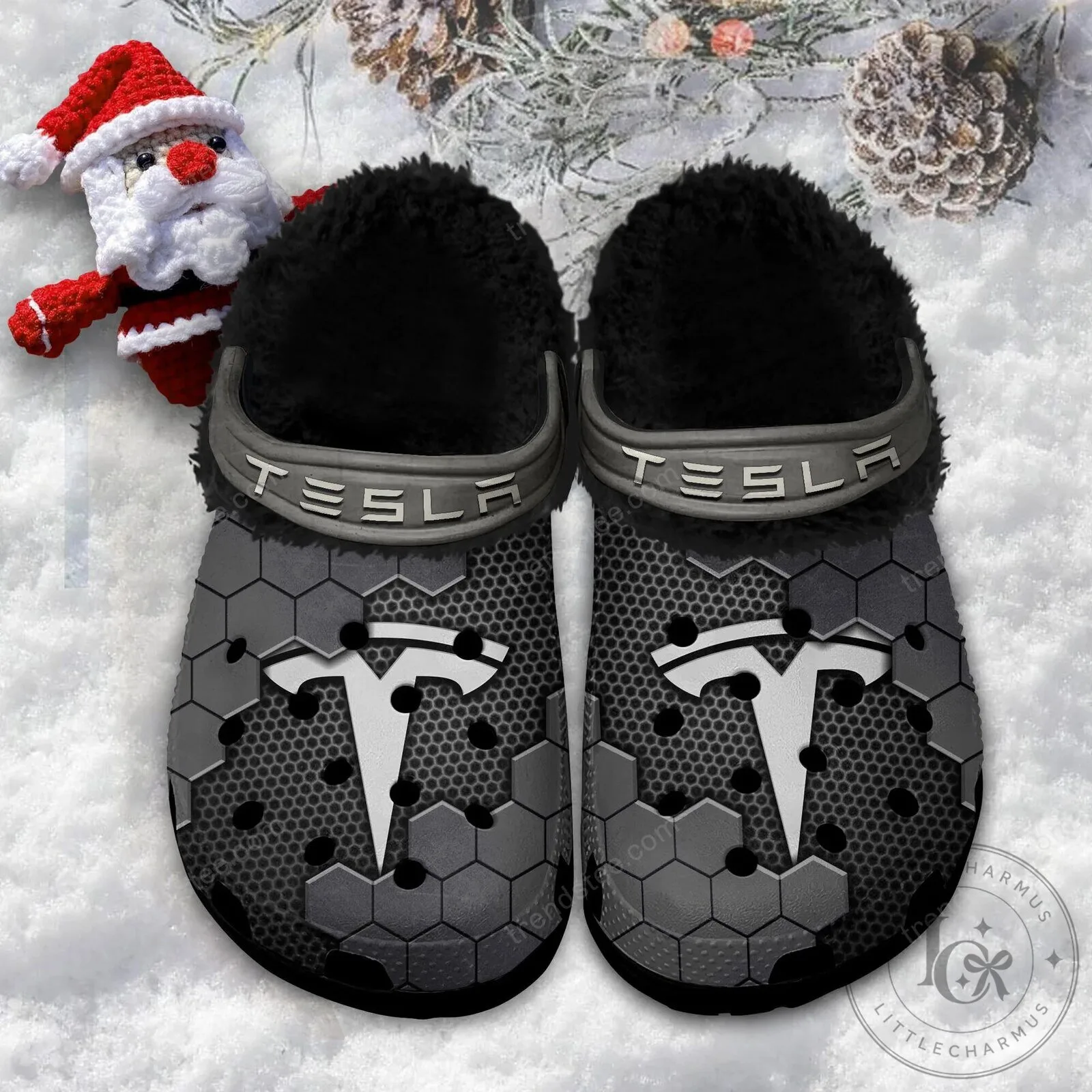 Tesla Red Hexagon Pattern Fur-Lined Clog Shoes 19 Tesla Red Hexagon Pattern Fur-Lined Clog Shoes