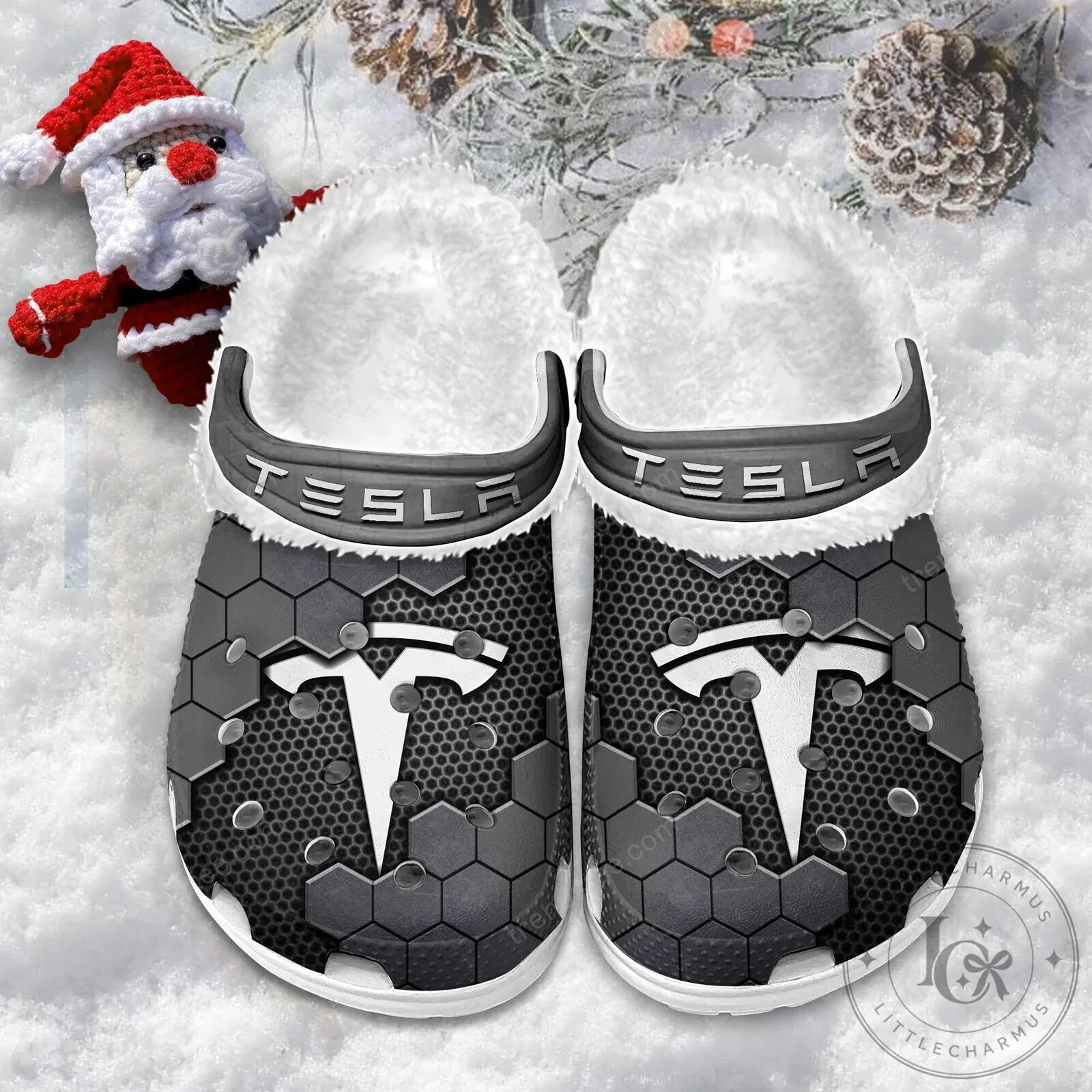 Tesla Red Hexagon Pattern Fur-Lined Clog Shoes 20 Tesla Red Hexagon Pattern Fur-Lined Clog Shoes
