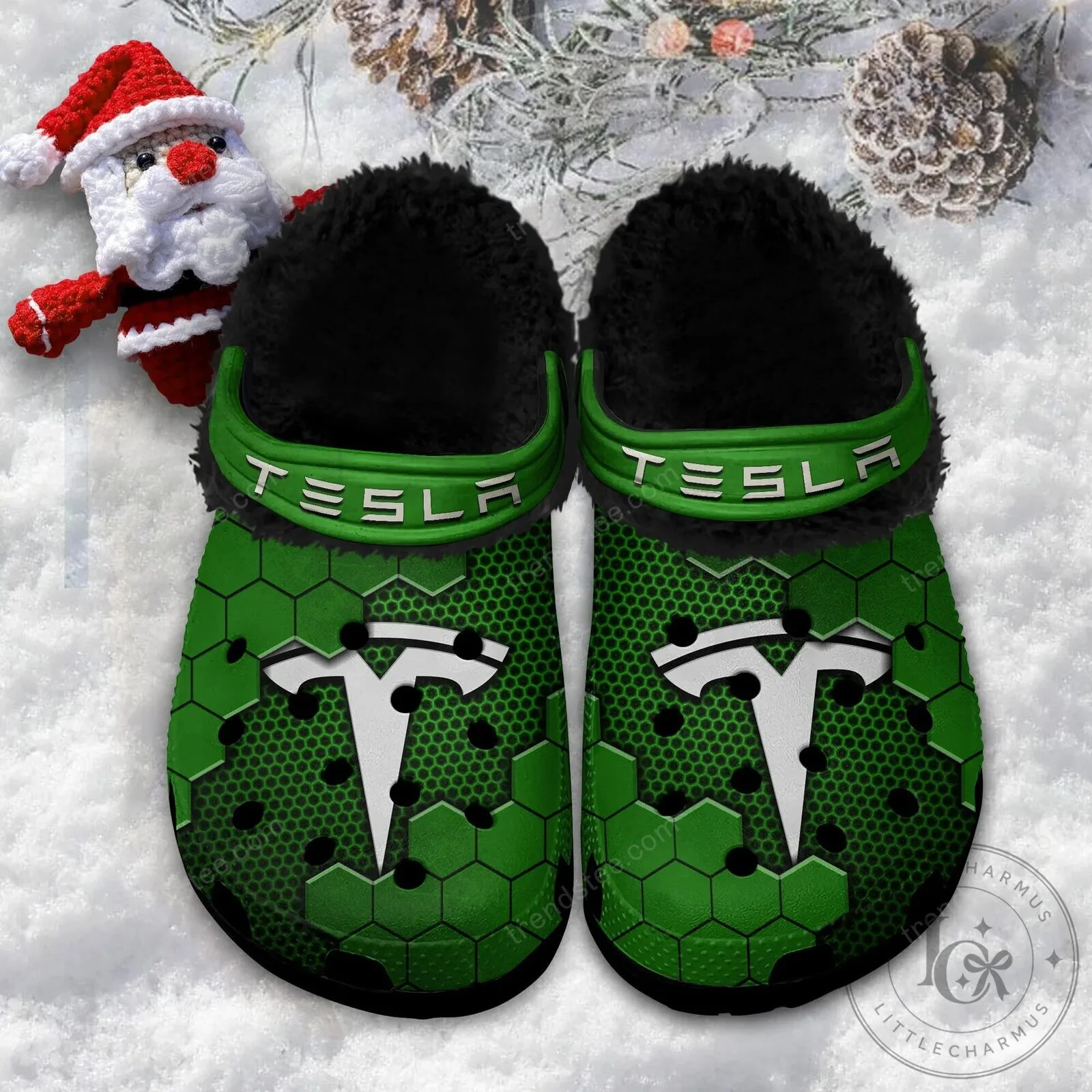 Tesla Red Hexagon Pattern Fur-Lined Clog Shoes 22 Tesla Red Hexagon Pattern Fur-Lined Clog Shoes