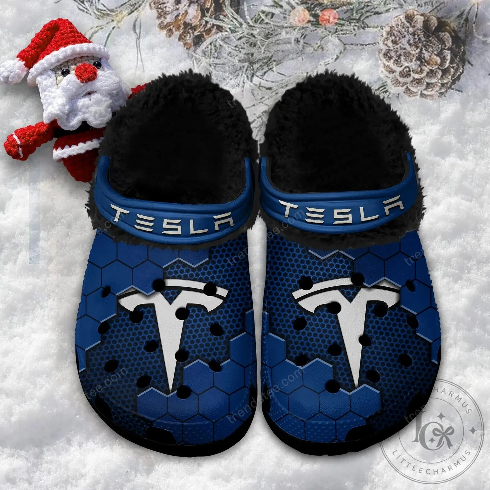 Tesla Red Hexagon Pattern Fur-Lined Clog Shoes 23 Tesla Red Hexagon Pattern Fur-Lined Clog Shoes