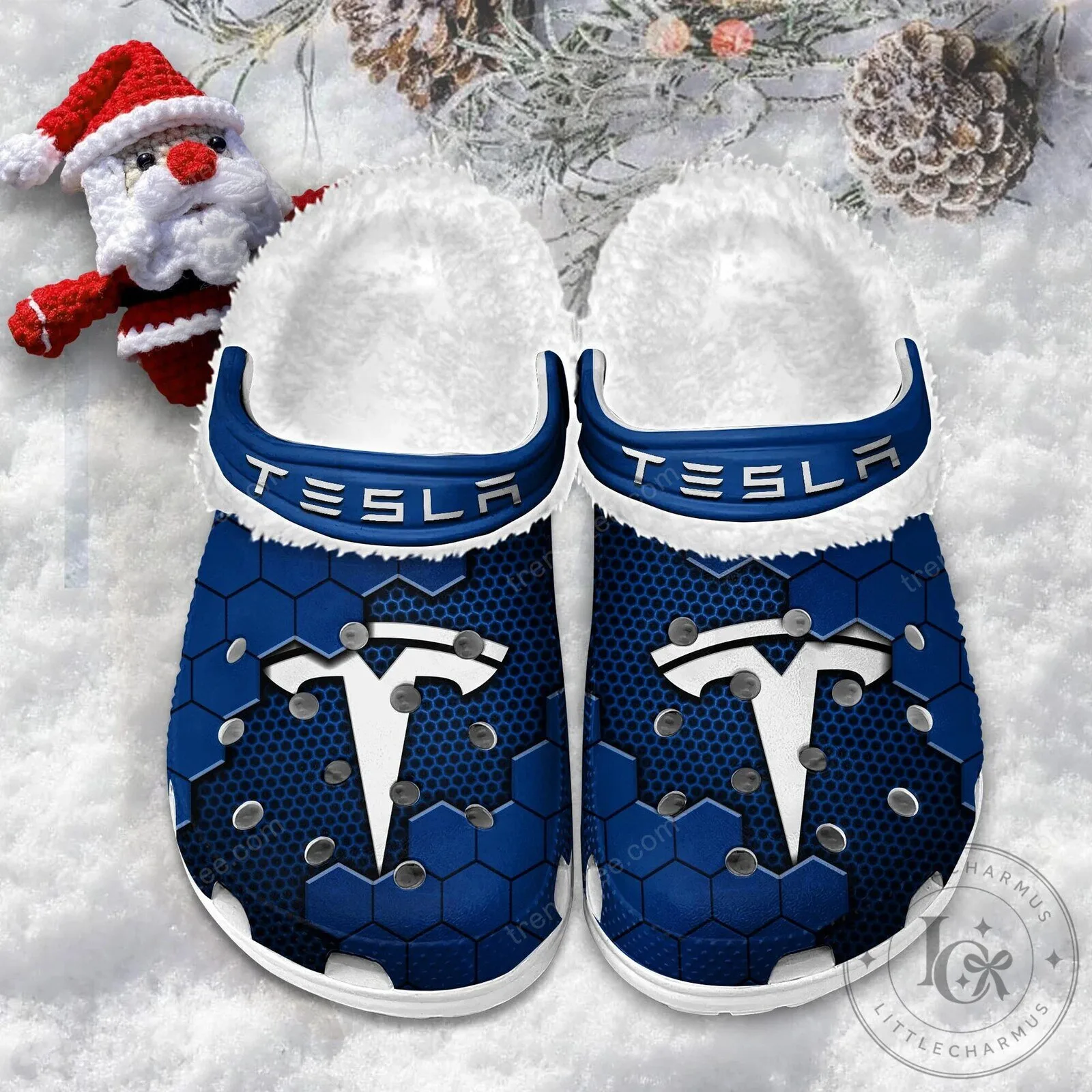 Tesla Red Hexagon Pattern Fur-Lined Clog Shoes 24 Tesla Red Hexagon Pattern Fur-Lined Clog Shoes