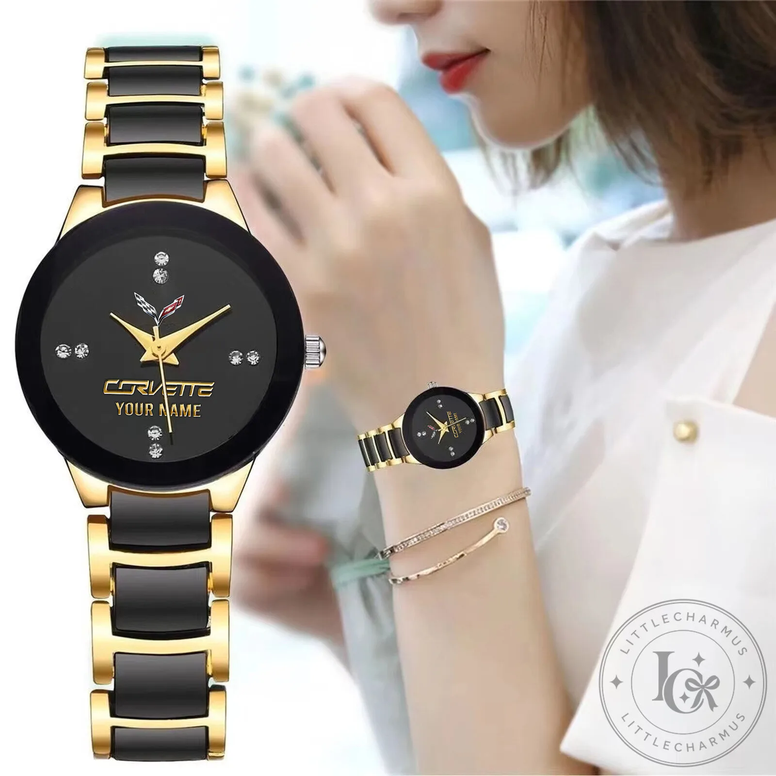 Corvette Custom Name Gold and Black Quartz Watch for Women 18 Corvette Custom Name Gold and Black Quartz Watch for Women