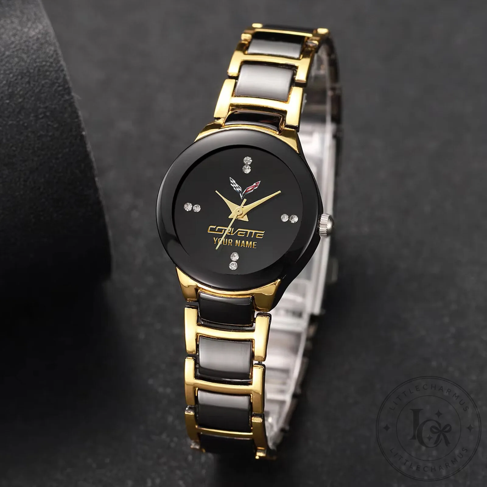 Corvette Custom Name Gold and Black Quartz Watch for Women 19 Corvette Custom Name Gold and Black Quartz Watch for Women