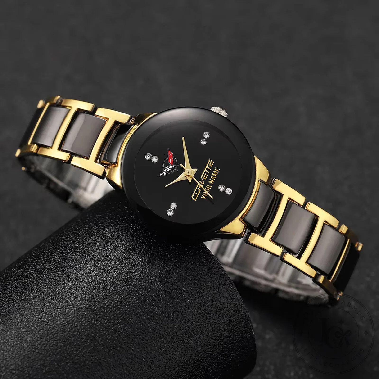 Corvette Custom Name Gold and Black Quartz Watch for Women 22 Corvette Custom Name Gold and Black Quartz Watch for Women
