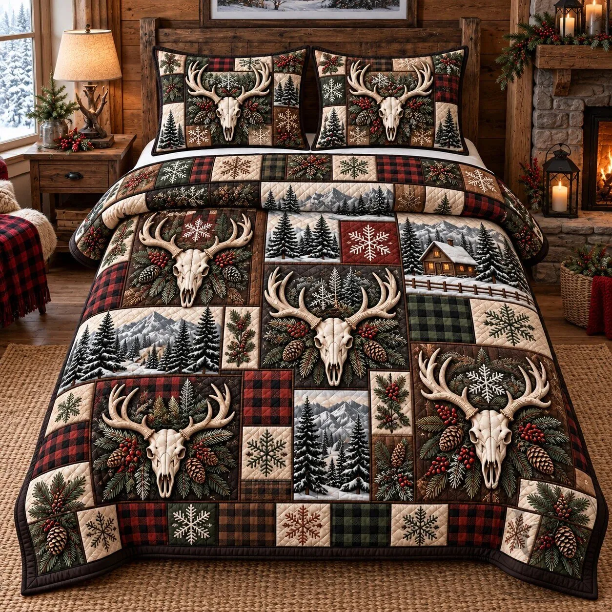 Rustic Forest Deer Skull Patchwork Quilted Bedding Set with Pillow Shams
