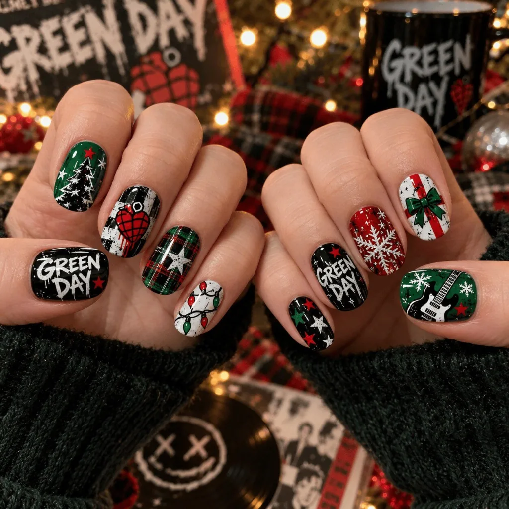 Green Day Christmas Holiday Festive Press On Nails Set Green Day Christmas Holiday Festive Press On Nails Set