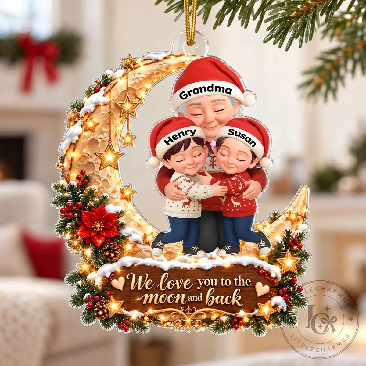Personalized Grandma and Grandkids Hugging on Moon Christmas Ornament 12 Personalized Grandma and Grandkids Hugging on Moon Christmas Ornament