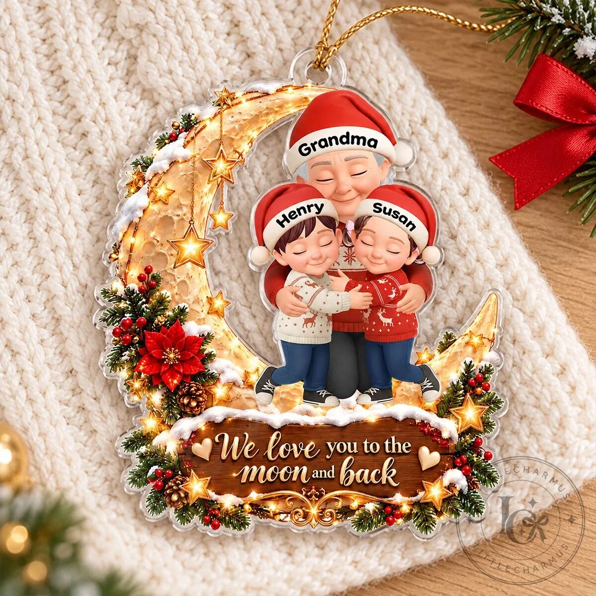 Personalized Grandma and Grandkids Hugging on Moon Christmas Ornament 14 Personalized Grandma and Grandkids Hugging on Moon Christmas Ornament