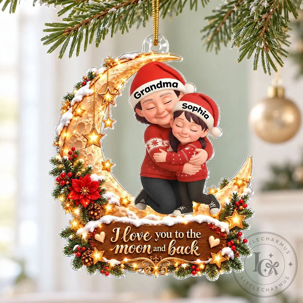 Personalized Grandma and Grandkids Hugging on Moon Christmas Ornament 16 Personalized Grandma and Grandkids Hugging on Moon Christmas Ornament