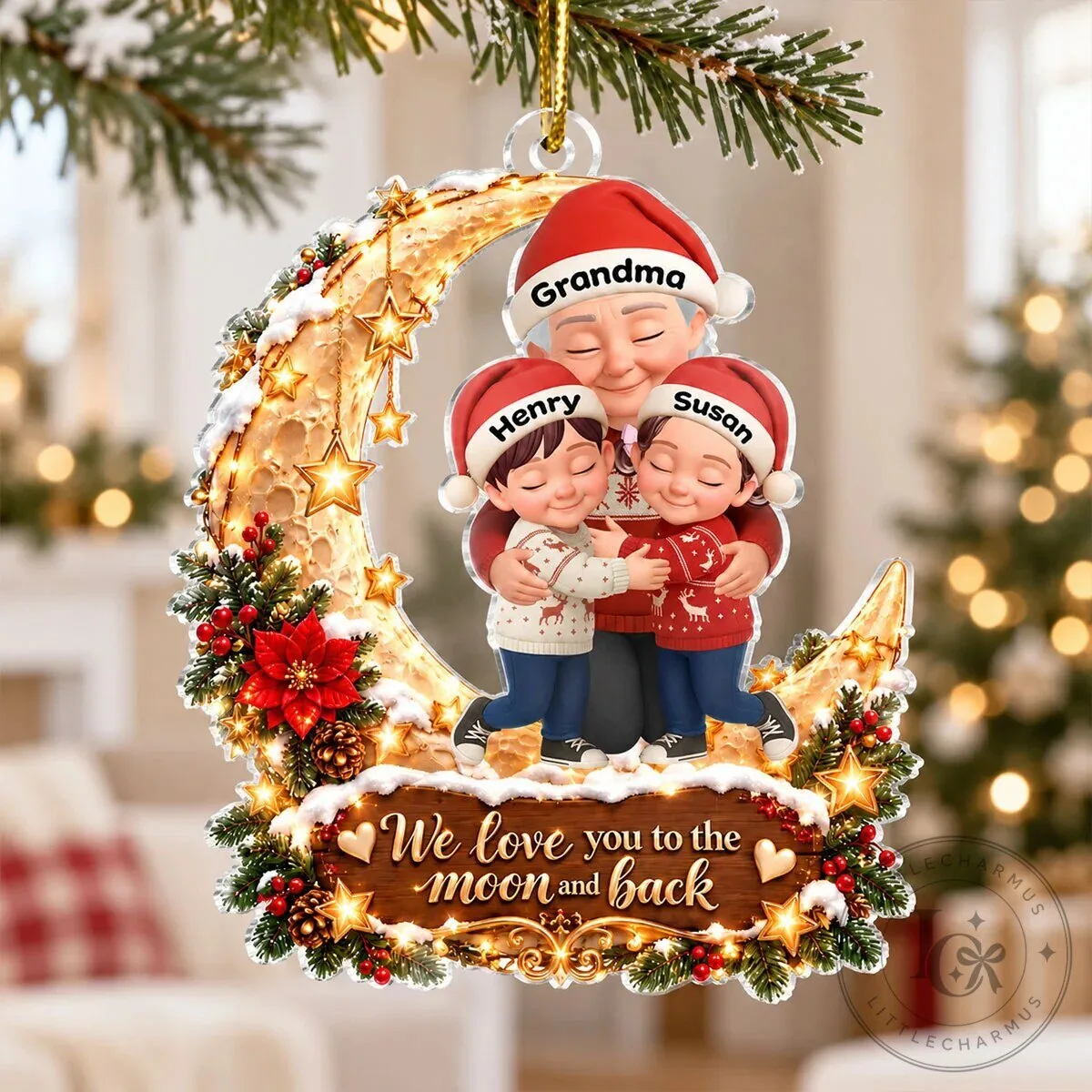 Personalized Grandma and Grandkids Hugging on Moon Christmas Ornament 17 Personalized Grandma and Grandkids Hugging on Moon Christmas Ornament