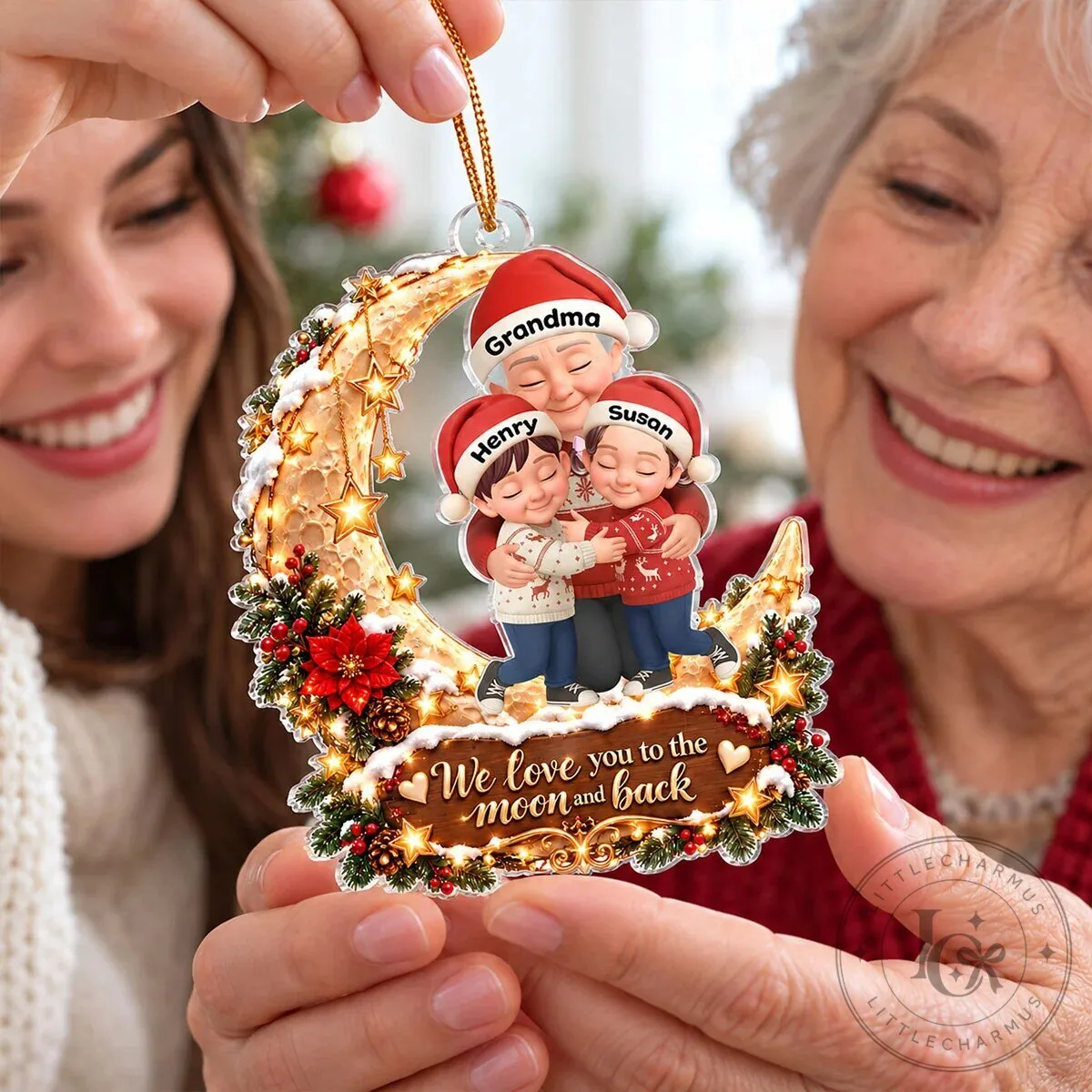 Personalized Grandma and Grandkids Hugging on Moon Christmas Ornament 18 Personalized Grandma and Grandkids Hugging on Moon Christmas Ornament