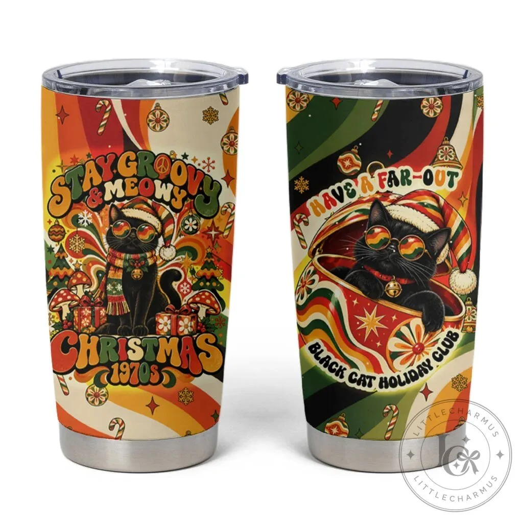 Groovy Black Cat Christmas Holiday 1970s Retro Pattern Tumbler